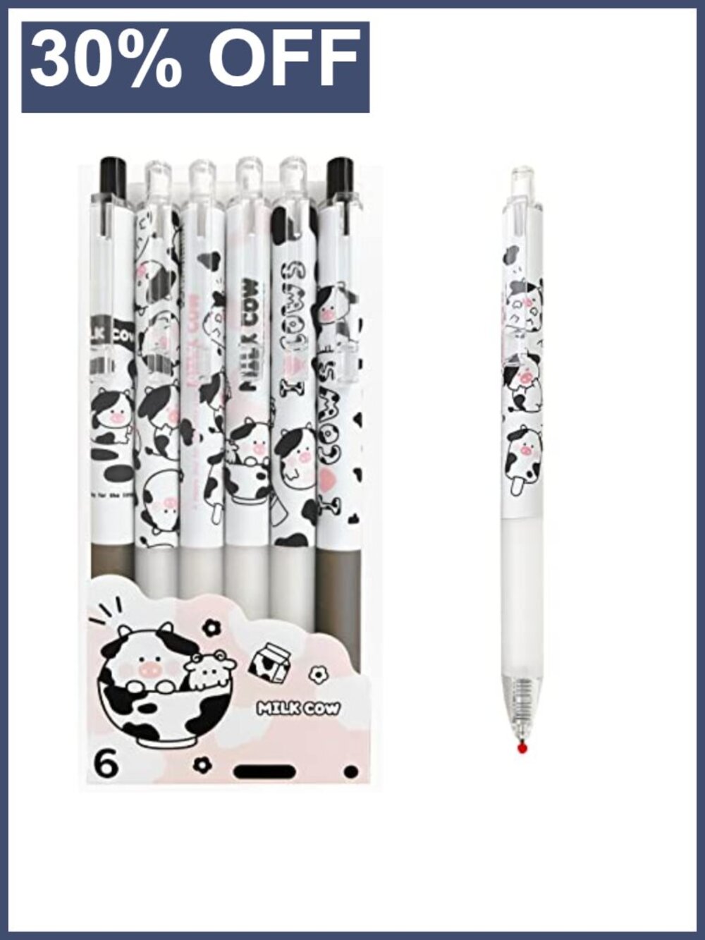 6 Pack Kawaii Gel Pens 0.5mm Fine Point Smooth Writing Retractable Cow